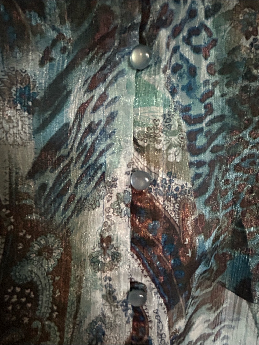 Dressbarn Sheer Paisley-Print Tunic Blouse in Teal and Brown - Picture 5 of 9